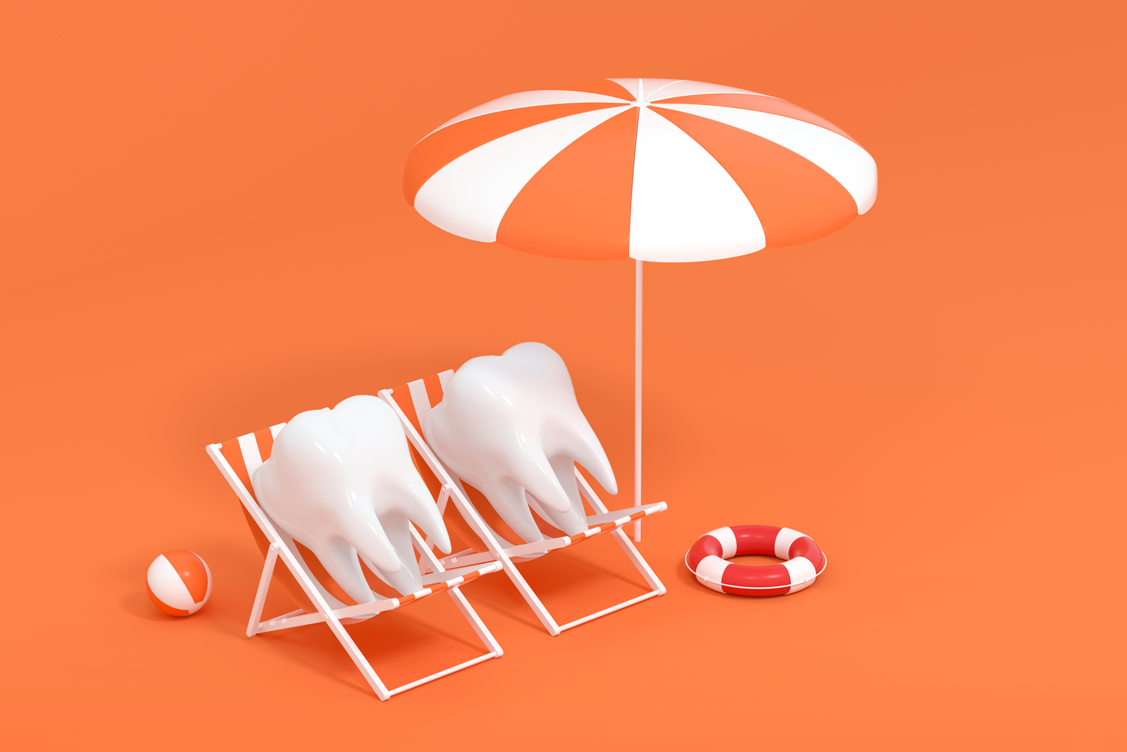3d illustration of a beach chair with a tooth and an umbrella.